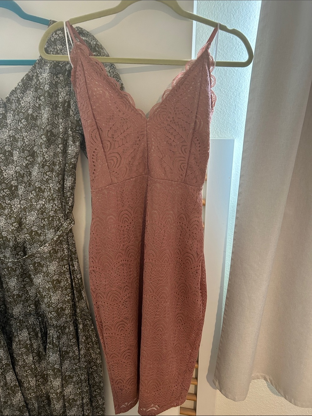 Guess Rose-Blush Lace Midi Dress with V-Neck